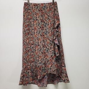 Max Boho Floral Ruffle Midi Skirt Elastic Back Asymmetrical Cottegecore Retro